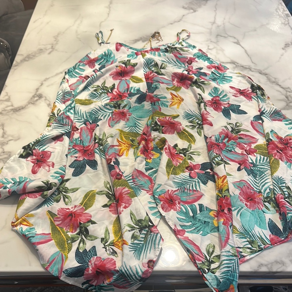Speed Control High Low Dress with Pink and Green Floral Design - Picture 4 of 5